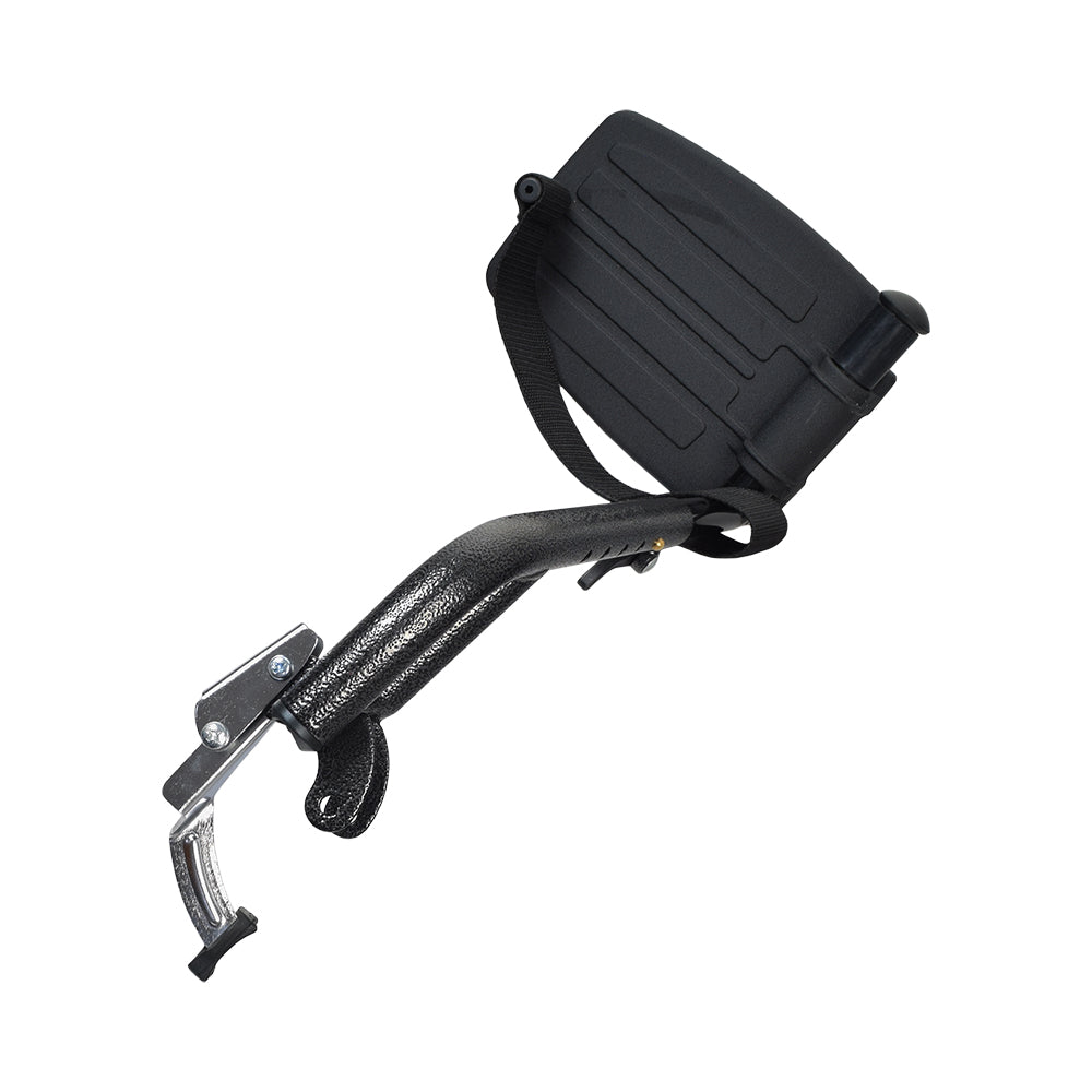 Swing-Away Legrest Assembly for the Pride Stylus & Stylus LS Wheelchair, showcasing a black metal device with a strap, designed to support the lower legs at a natural angle.