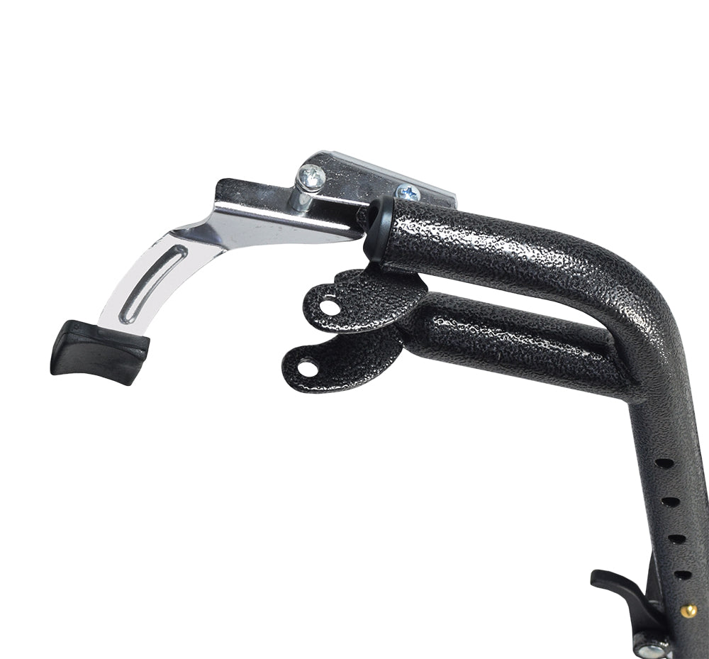 Swing-Away Legrest Assembly for the Pride Stylus & Stylus LS Wheelchair, featuring a black and silver metal hand brake lever, designed to support and position the user's lower legs comfortably.