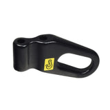 Transit Loop Tie Down Point for Jazzy 600 ES & Quantum Q6 Edge Power Chairs; a sturdy black metal hook with a yellow sticker, designed for secure attachment to hoisting cables or straps.