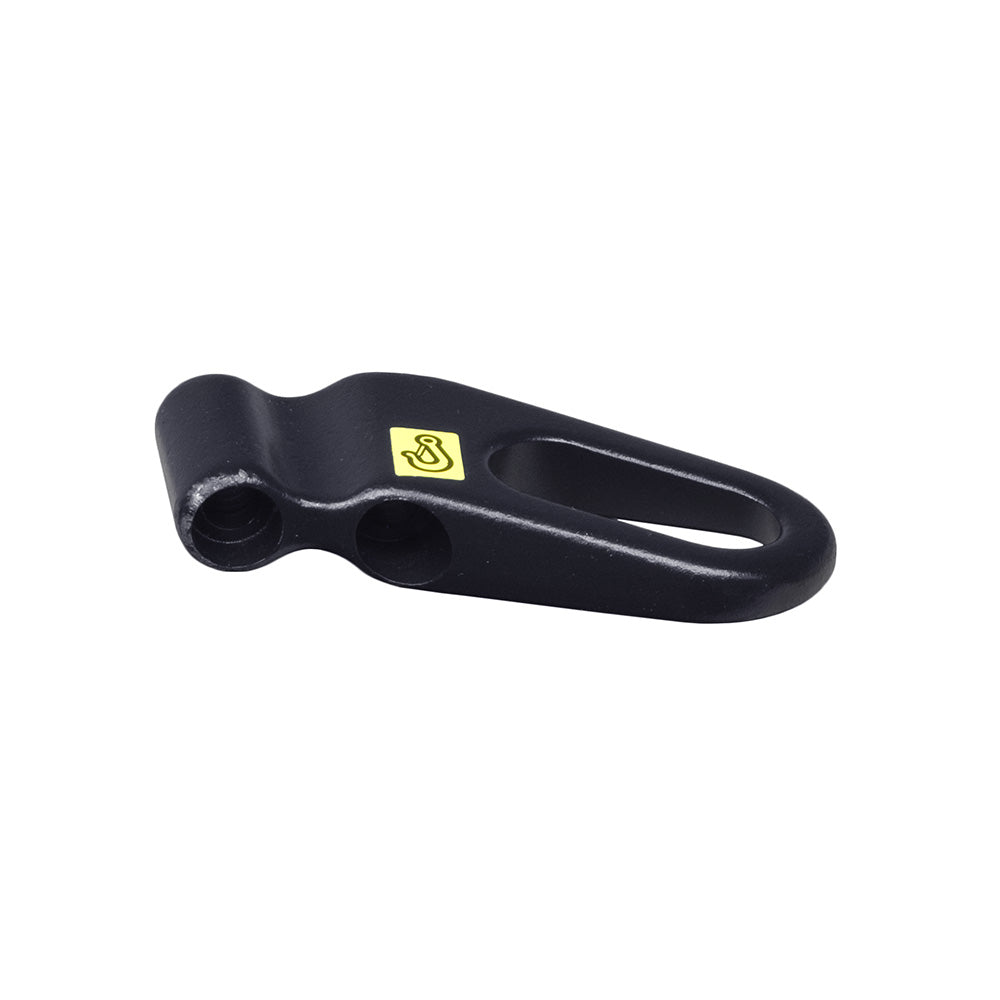 Transit Loop Tie Down Point for Jazzy 600 ES & Quantum Q6 Edge Power Chairs, a black plastic tool with a yellow sticker, used for securing power chairs to vehicle hoists or lifts.