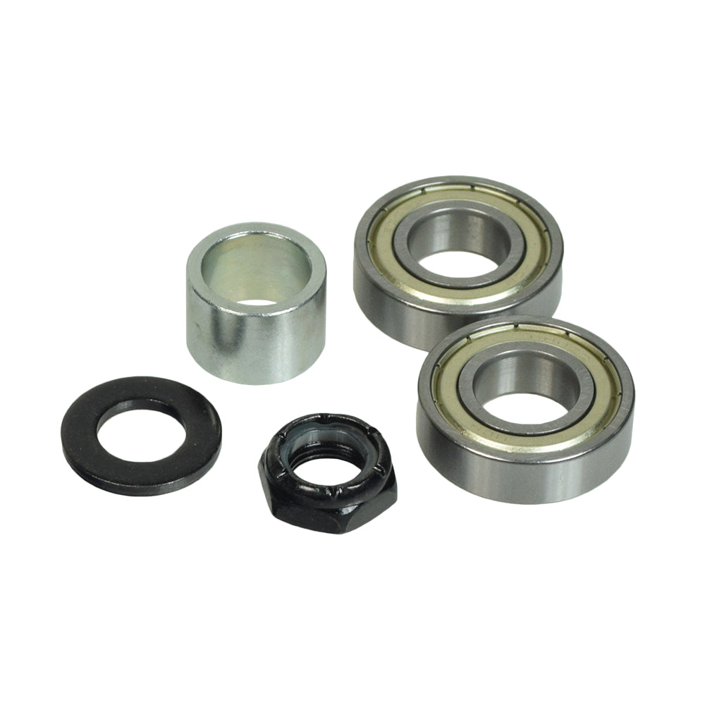 Caster Fork Bearing Kit for Jazzy EVO 613, 614, 614HD Power Chairs, showing various metal components including bearings, a spacer, a washer, and an acorn nut crucial for mobility hardware.