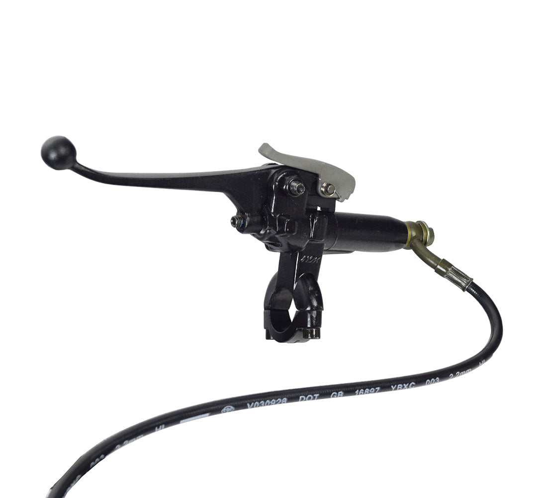 Complete Handbrake Assembly for Pride Pursuit XL (SC714), Wrangler (MV600), & Baja Wrangler 2 (BA400) Scooters, featuring a black handlebar with an attached black hose and visible bolt.