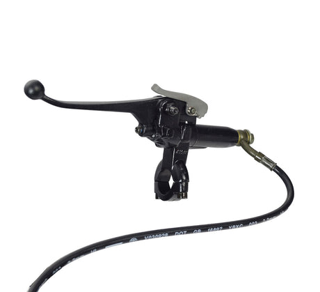 Complete Handbrake Assembly for Pride Pursuit XL (SC714), Wrangler (MV600), & Baja Wrangler 2 (BA400) Scooters, featuring a black handlebar with an attached black hose and visible bolt.