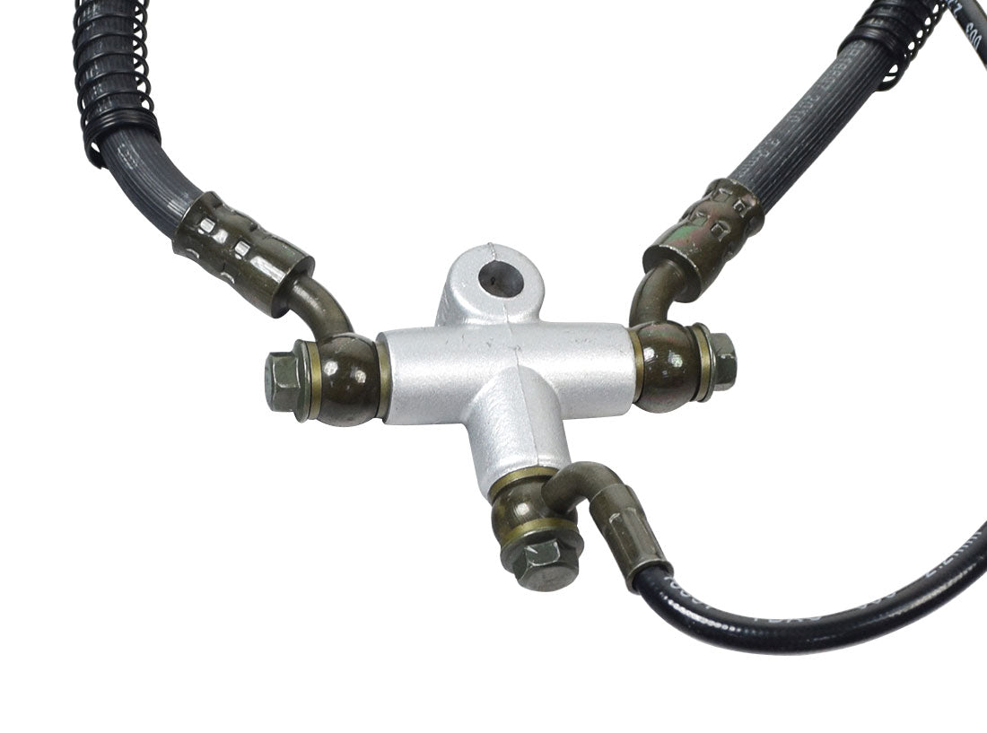 Complete Handbrake Assembly for Pride Pursuit XL (SC714), Wrangler (MV600), and Baja Wrangler 2 (BA400) scooters, featuring a metal cross with attached black and grey hoses and connectors.