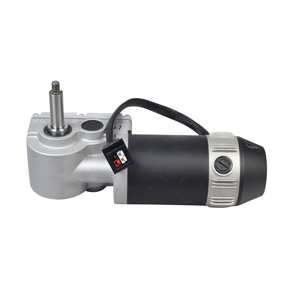 Left Side Motor for Jazzy 600ES, featuring a black and silver device with a black braided hose and an electrical plug with red and white buttons.