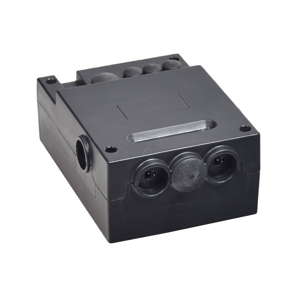 Dual Infinite Motor Control Box for Pride Lift Chair Models LC525, LC576L, & SR525, shown as a black electronic device with three visible holes, designed for specific serial numbers and models post-October 2013.