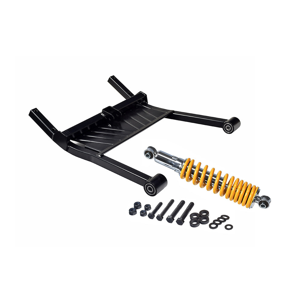 Rear Trail Arm and Shock Assembly for Pride Mobility Pursuit XL (SC714), featuring a black metal frame with a yellow coil spring, shock absorber, and attached screws and bolts.