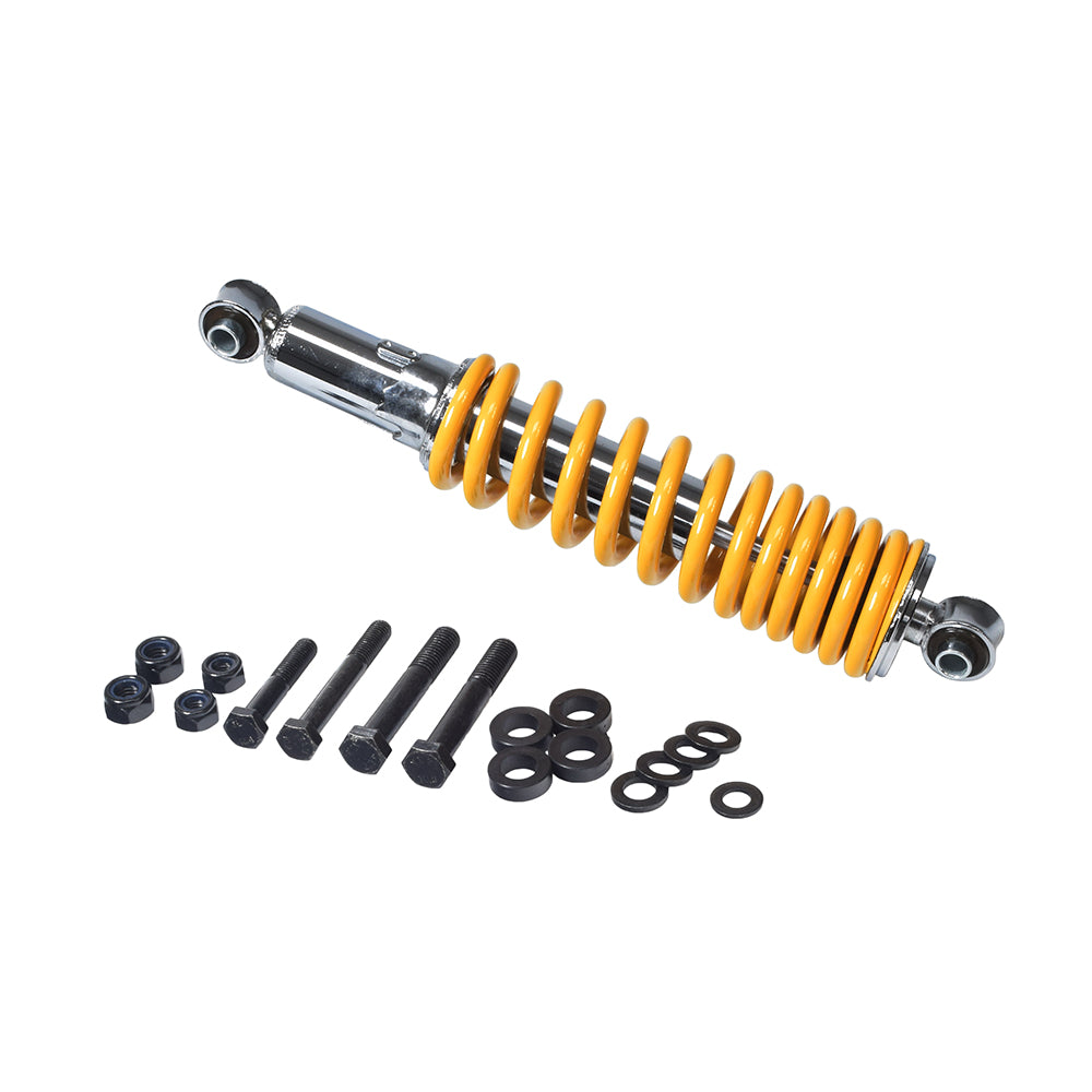 Rear Trail Arm and Shock Assembly for the Pride Mobility Pursuit XL (SC714) featuring a prominent yellow and black shock absorber, including necessary bearings and ancillary hardware for optimal scooter performance.