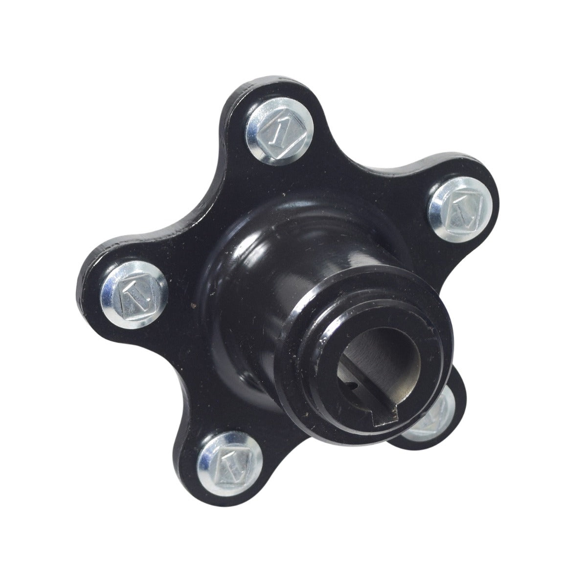 5-Spoke Wheel Hub for Quantum Q6 Edge & Rival Power Chairs, featuring a black metal build with silver screws and five mounting studs.