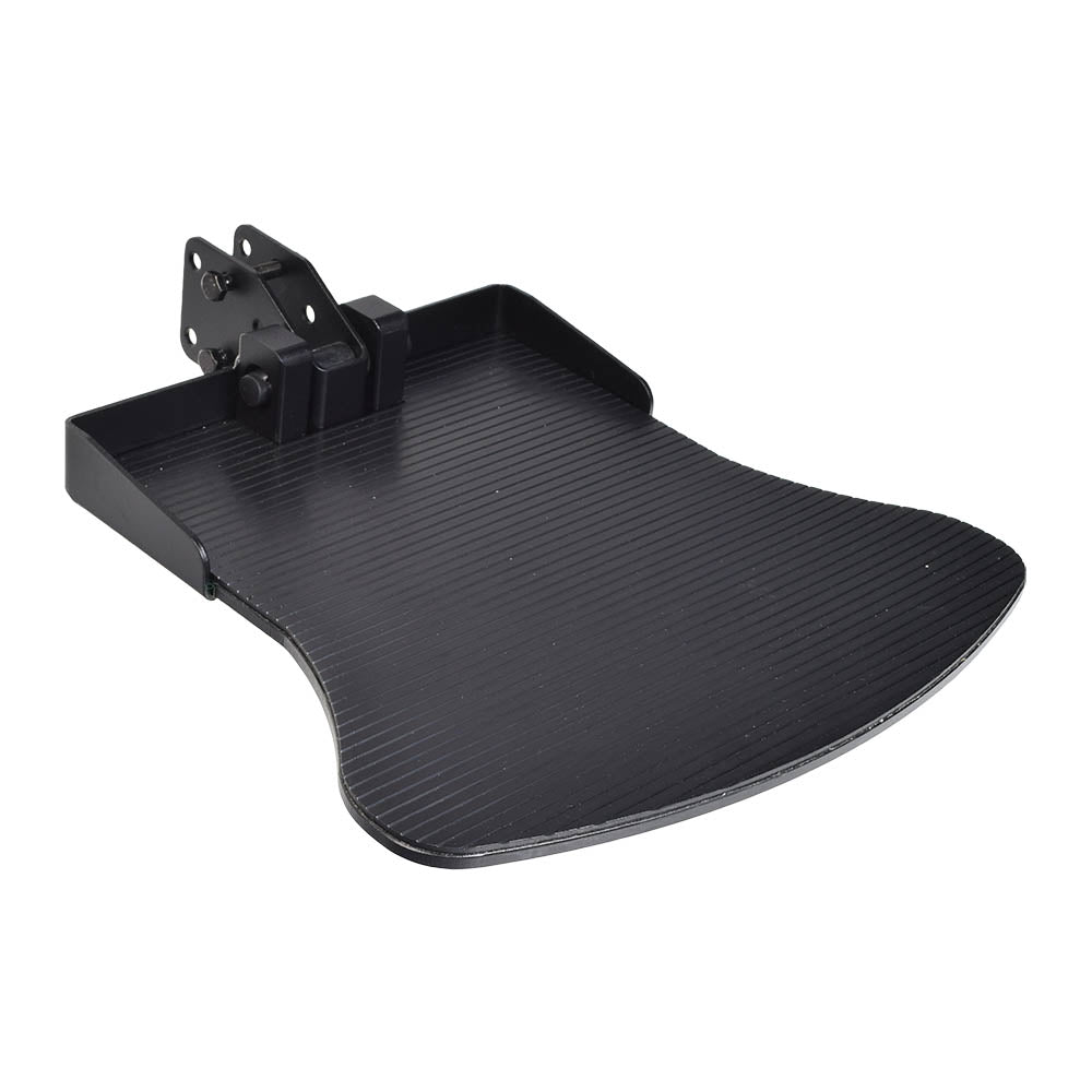 Extra Large Foot Platform with Mounting Bracket for the Quantum Q6 Edge Series, featuring a black metal tray and accompanying bracket, designed for various Quantum Q6 Edge power chairs.