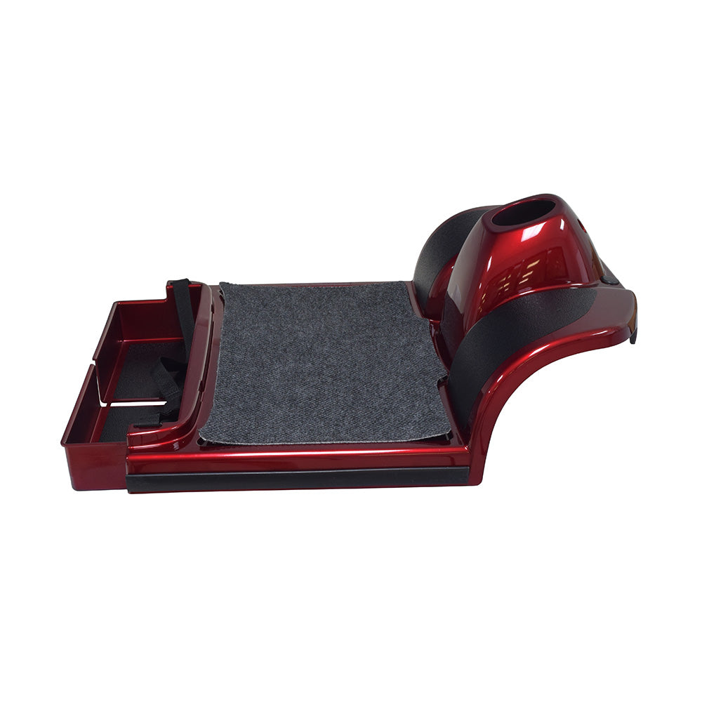 Red Front Shroud Assembly for the Pride Maxima (SC940), featuring a sleek design with integrated carpet and anti-scuff panels, perfect for replacing scratched or damaged front body panels on your scooter.