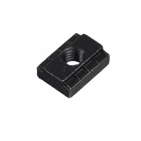 M8-1.25 T-Slot Nut (NUT8120005), a rectangular black object with a threaded nut, designed for sliding into grooves or tracks, commonly used in Tru-Balance seating systems on Quantum power chairs.