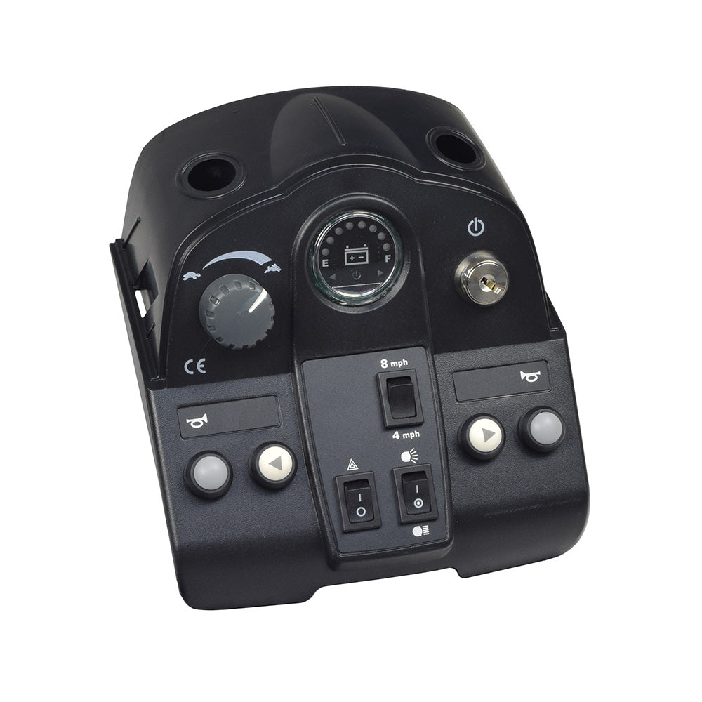 Console Assembly for the Pride Pursuit (SC713) & Pursuit XL (SC714) featuring buttons, dials, a battery gauge, horn buttons, and light switches, essential for mobility scooter functionality.