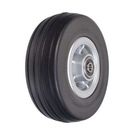 6x2 Low Impact Caster Wheel Assembly with Black Tire for the Jazzy 600 ES, featuring a silver rim and ball bearing, suitable for both front and rear articulating beams.