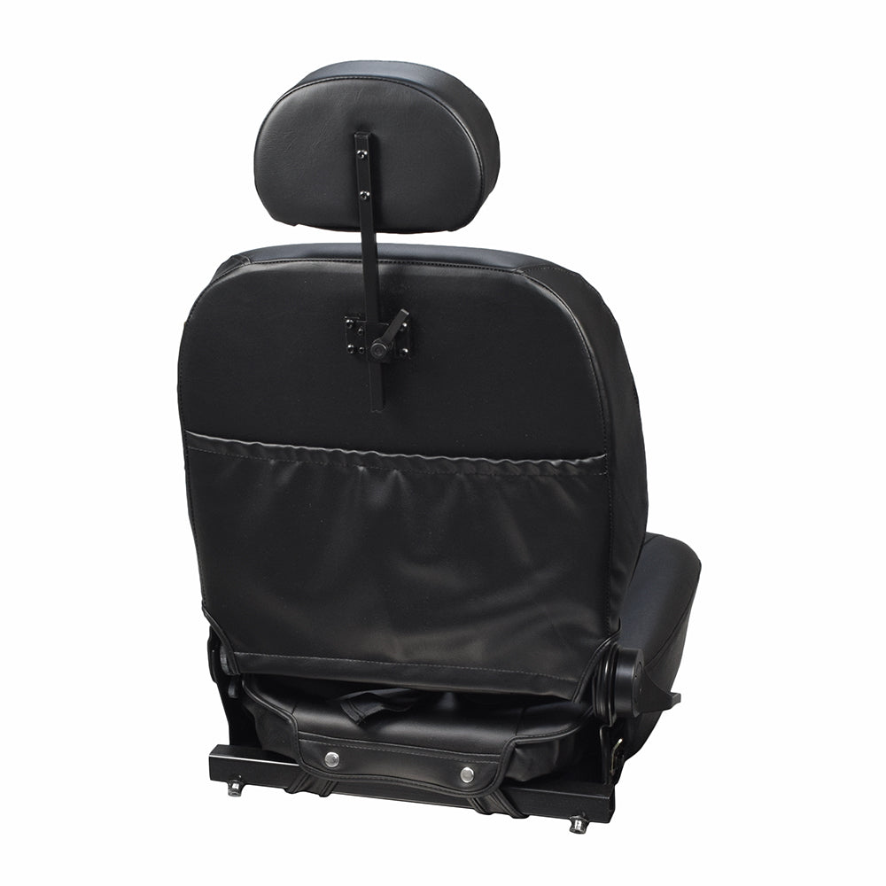 18x18 Hi-Back Black Vinyl Comfort Seat Assembly for Jazzy Power Chairs, featuring a black seat with a headrest, seat back, base, and frame.