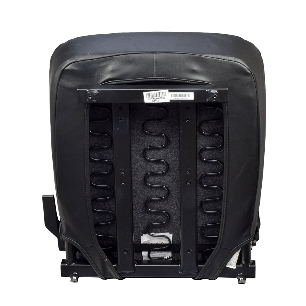 18x18 Hi-Back Black Vinyl Comfort Seat Assembly for Jazzy Power Chairs, showing the backrest and headrest, with visible hinges and part of the seat frame. Barcode and straps slightly visible.