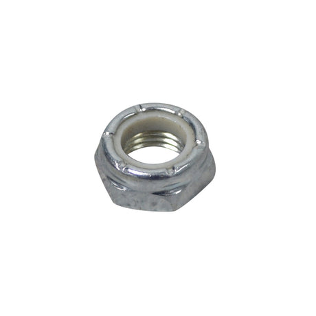 Close-up of a Nylon Lock Nut for Full-Length Armrest, compatible with Quantum Q600 scooters, showcasing its metallic finish and intricate threading, essential for securing armrest components.