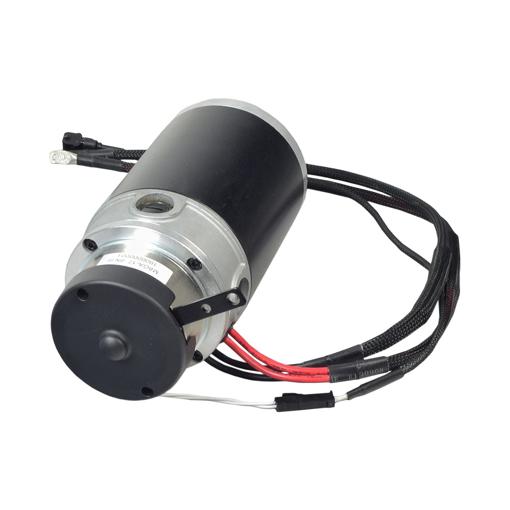 Motor and Brake Assembly for the Pride Pursuit XL (SC714), featuring a black and silver electric motor with visible wires and a close-up label. Ideal for maintaining scooters or power chairs.