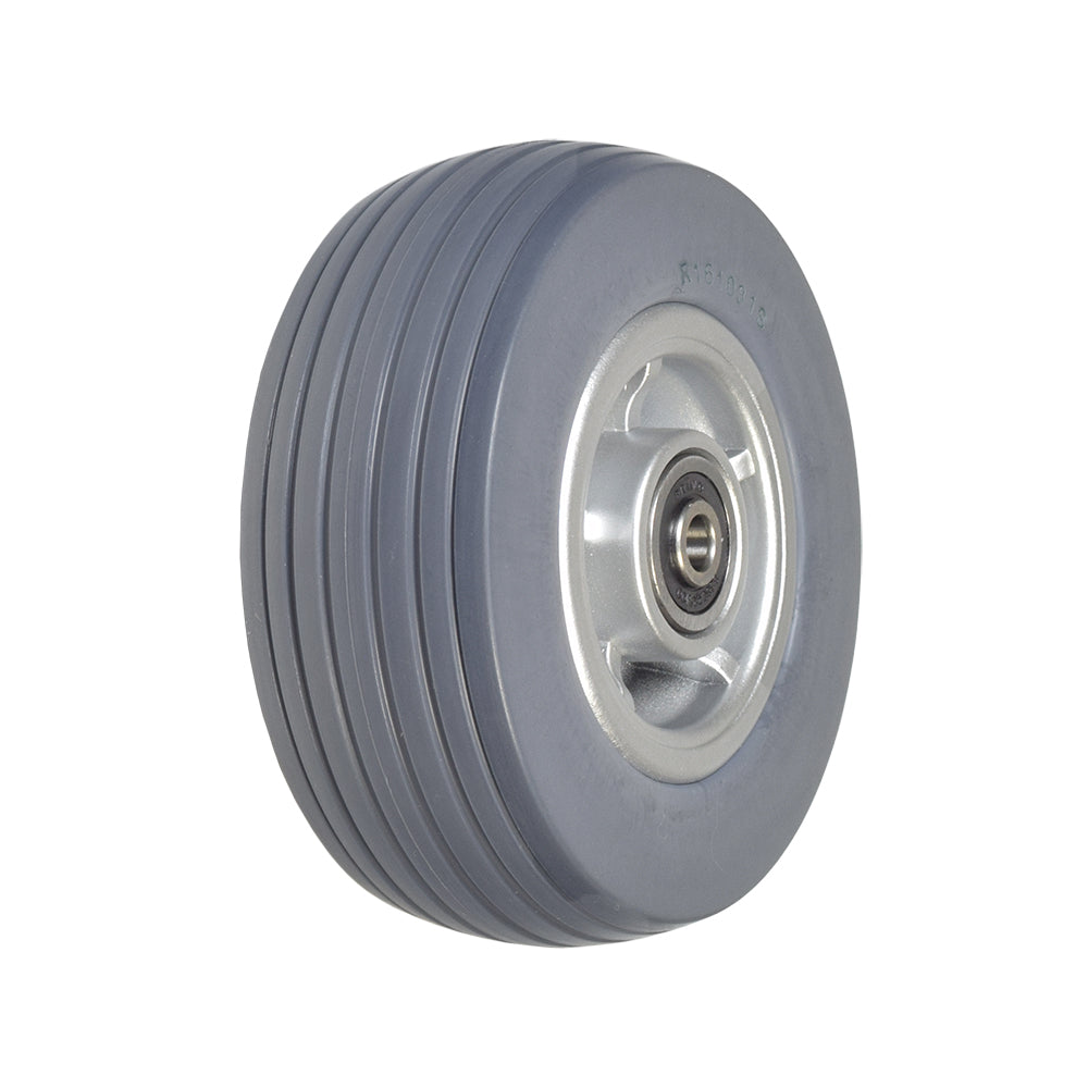 Front Caster Wheel for the Jazzy J6 & Quantum Q610, featuring a solid, flat-free tire with a metal center and integrated bearings, designed for specific serial numbers on Jazzy and Quantum power chairs.