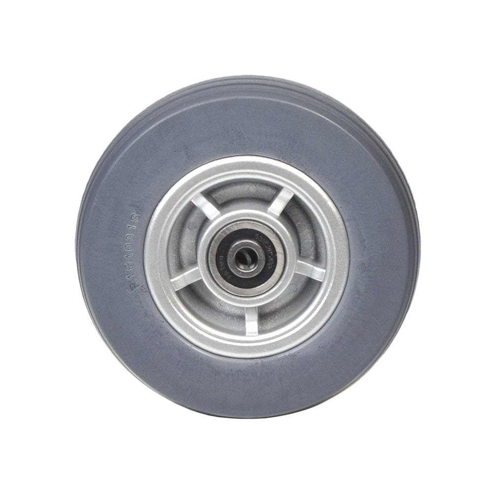 Front Caster Wheel for the Jazzy J6 & Quantum Q610, featuring a metal center, solid flat-free tire, and bearings, ideal for specific power chair models.