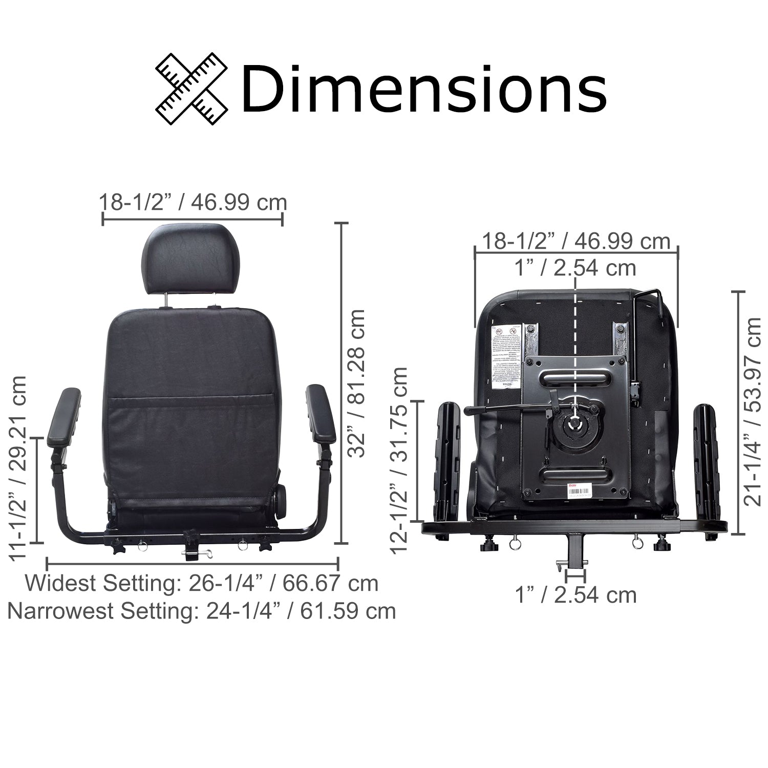 18x18 Black Vinyl Hi-Back Seat Assembly for the Pride Victory 10 (SC610/SC710) & Pursuit (SC713) Scooters, featuring armrests, headrest, and seat plate, shown with a detailed diagram.