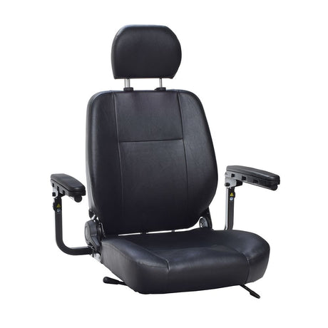 20x20 Black Vinyl Hi-Back Seat Assembly for the Pride Victory 10 (SC610/SC710) & Pursuit (SC713) Scooters, featuring armrests, headrest, and hardware, showcasing a sleek, modern design.