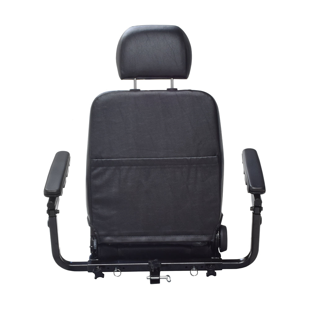 18x18 Black Vinyl Hi-Back Seat Assembly for Pride Victory 10 and Pursuit Scooters, featuring armrests, headrest, seat plate, pins, knobs, and hardware; fits standard OEM models.