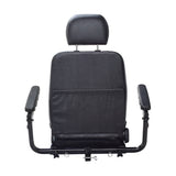 18x18 Black Vinyl Hi-Back Seat Assembly for Pride Victory 10 and Pursuit Scooters, featuring armrests, headrest, seat plate, pins, knobs, and hardware; fits standard OEM models.