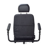 20x20 Black Vinyl Hi-Back Seat Assembly for the Pride Victory 10 and Pursuit scooters, featuring armrests, headrest, and black vinyl upholstery, designed to replace old seat assemblies.