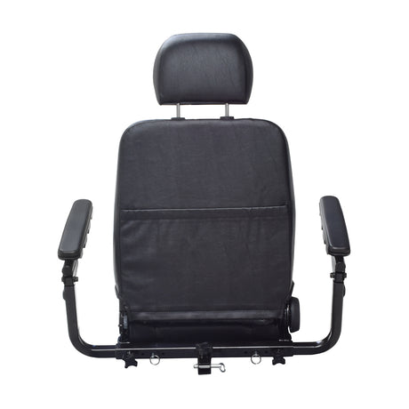 22x18 Hi-Back Black Vinyl Seat Assembly for the Pride Victory 10, featuring armrests and a sleek design, essential for maintaining your scooter or power chair's comfort and functionality.