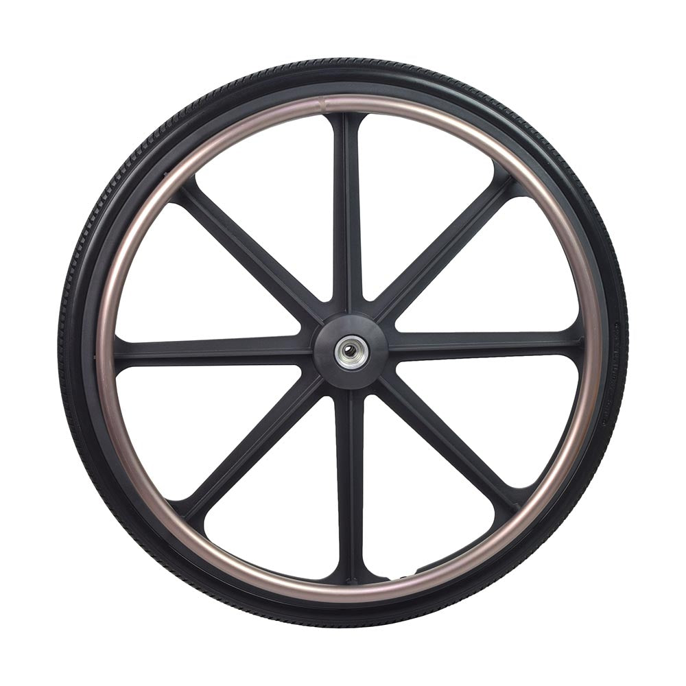 24x1-3/8 Complete Push Wheel Assembly with Flat-Free Tire & Quick Release Axle for the Pride Stylus, showing a black wheel with a silver rim and solid tire.