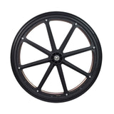 24x1-3/8 Complete Push Wheel Assembly with Flat-Free Tire & Quick Release Axle for the Pride Stylus, showing black wheel with spokes, solid tire, and quick release mechanism for easy disassembly.