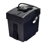 Battery Box Assembly for Jazzy 1113 ATS & Jazzy Select 7 Power Chairs, featuring a black battery with a strap and black plastic buckle, ideal for replacement or backup power.