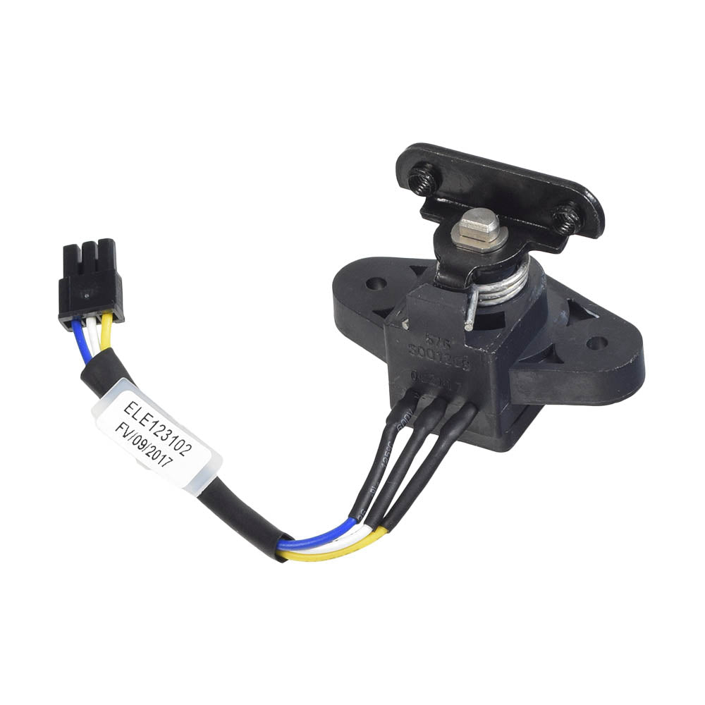 3-Wire CTS Throttle Potentiometer with Downward Bracket for the Pride Pursuit 2, Victory 9, and Victory 10 mobility scooters, featuring a black electrical device with several connected wires and a close-up of a tag.