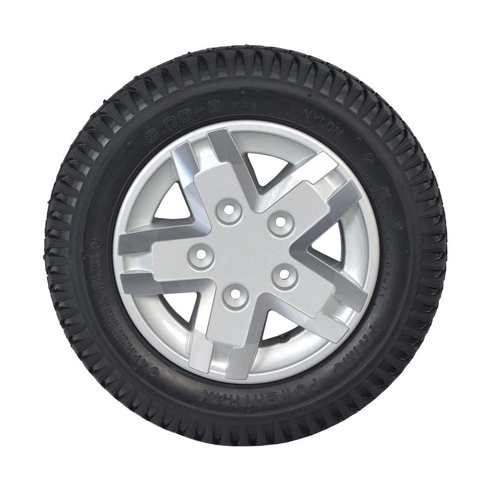 14x3 Run Flat Drive Wheel for the Jazzy 600 ES, featuring a black tire with visible tread and a silver 5-spike hub, designed for durability and anti-flat performance.