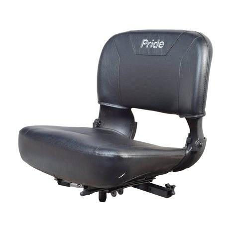 18 Black Vinyl Molded Seat Assembly for Pride Mobility Scooters (Blemished), showcasing black leather seat and backrest with minor tear on the front corner, includes armrests and additional padding.