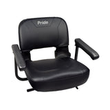 18 Black Vinyl Molded Seat Assembly for Pride Mobility Scooters, featuring a black chair with armrests, padded vinyl covers, and a molded plastic seat back and base.