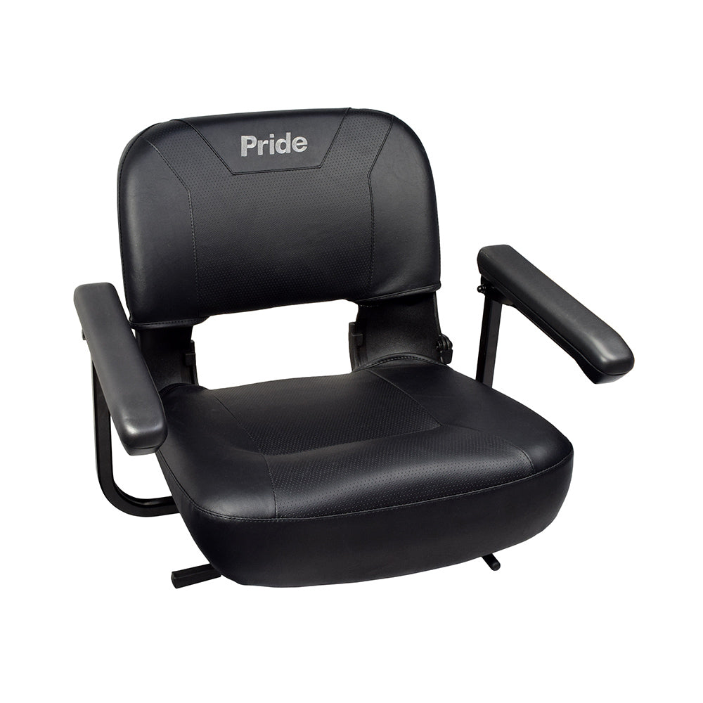 18 Black Vinyl Molded Seat Assembly for Pride Mobility Scooters (Blemished) featuring a black chair with armrests, padded seat, and molded plastic seat back.