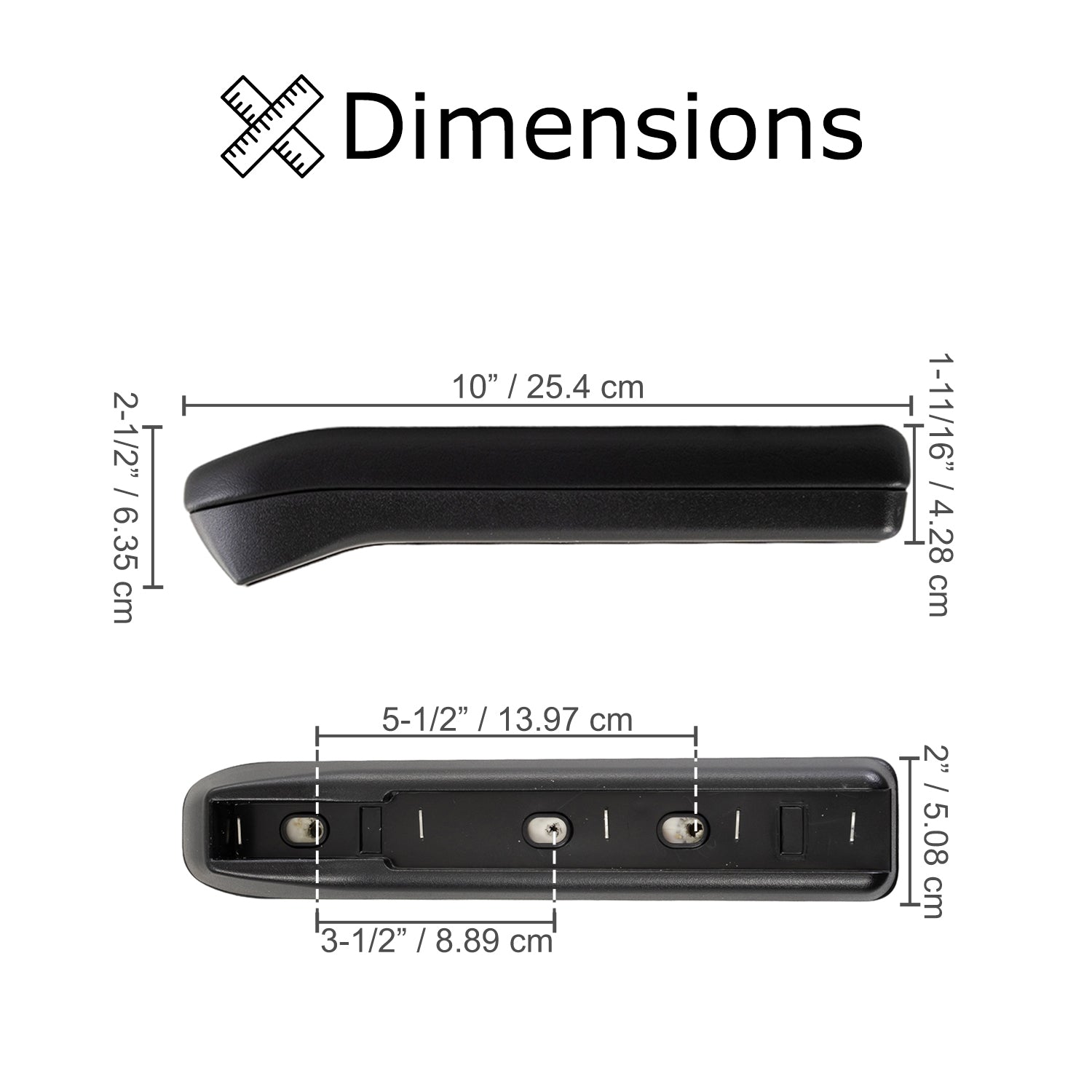 10 Armrest Pad with 3-1/2 & 5-1/2 Hole Spacing for Go-Go Scooters, shown in side and top view, featuring easy-to-clean black vinyl and adaptable mounting options.