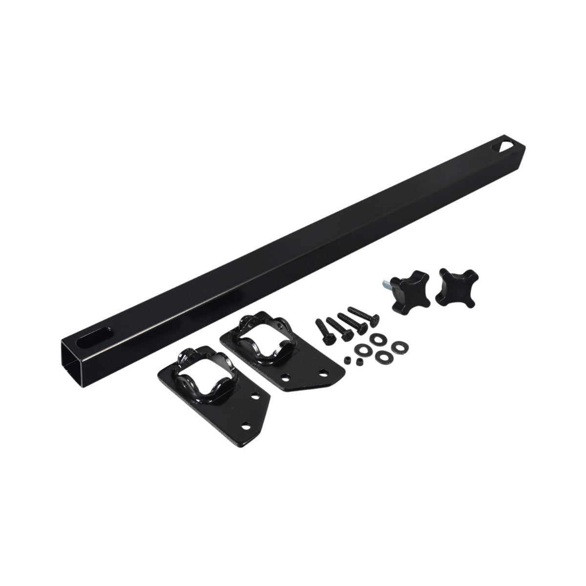 Armrest Receiver Bar with Pinchless Hinge for Quantum Q6 Edge, featuring black metal construction with screws and bolts, designed to maintain functionality of scooters and power chairs.