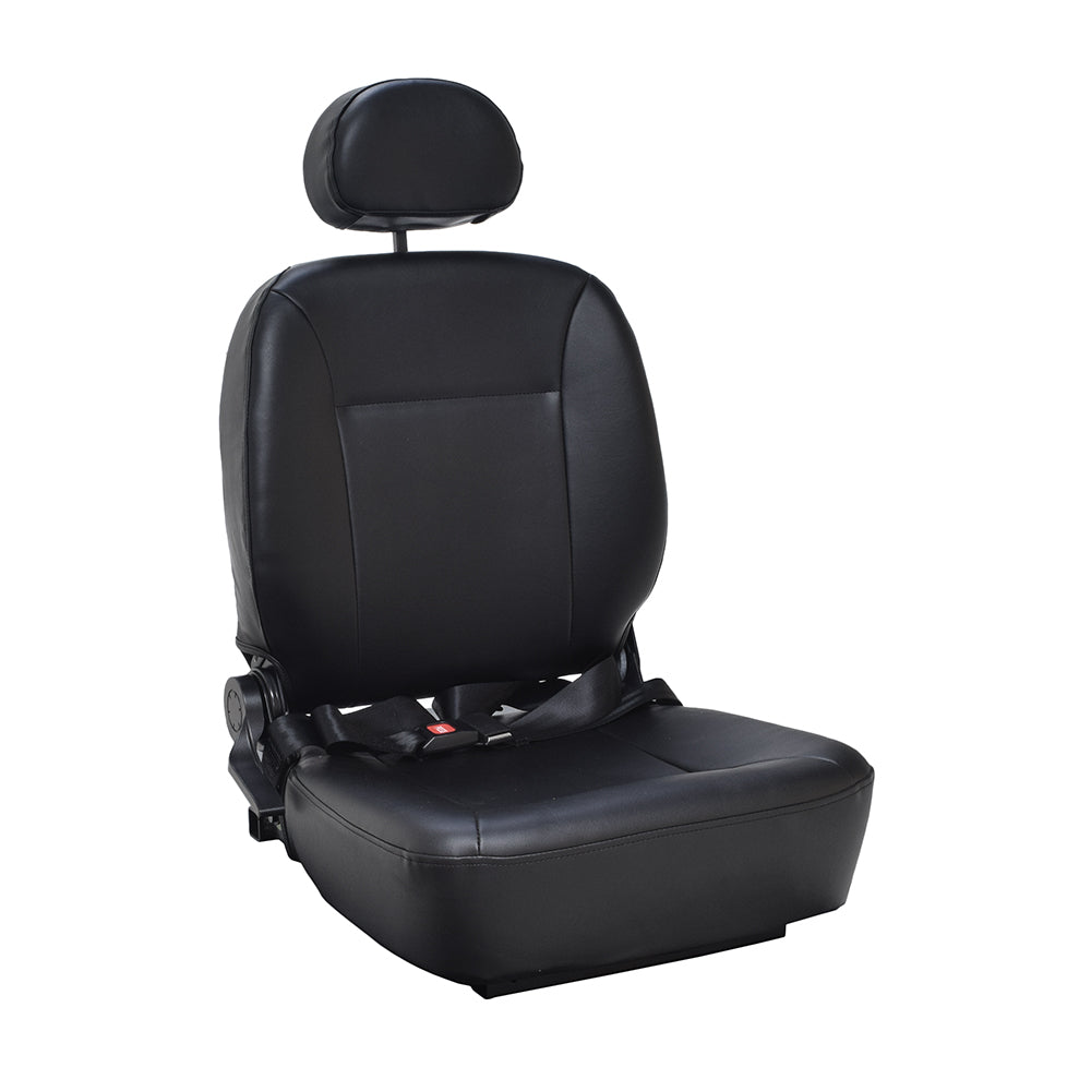 20x20 Hi-Back Black Vinyl Comfort Seat Assembly with Seat Plate for Jazzy Power Chairs (Blemished), featuring a headrest, seat back, seat base, armrests, and visible seat belt attachment.