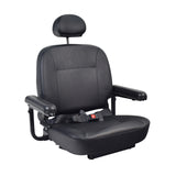 20x20 Hi-Back Black Vinyl Comfort Seat Assembly with Seat Plate for Jazzy Power Chairs, featuring a headrest, seat base, armrests, and visible seat belt slots, perfect for replacing worn-out seats.