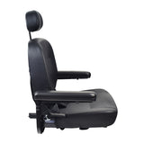 20x20 Hi-Back Black Vinyl Comfort Seat Assembly with Seat Plate for Jazzy Power Chairs, featuring armrests and headrest, shown as a complete assembly ideal for replacing worn or broken seats.