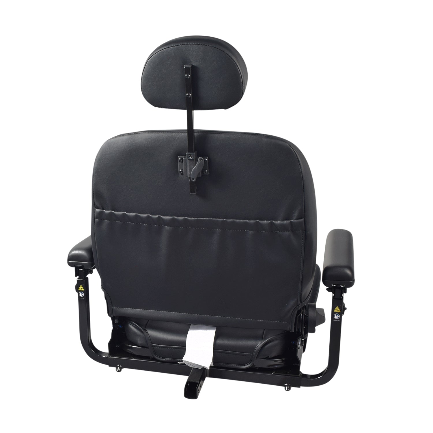 20x20 Hi-Back Black Vinyl Comfort Seat Assembly with Seat Plate for Jazzy Power Chairs, featuring a black backrest, seat base, armrests, and headrest, designed for easy installation and replacement.