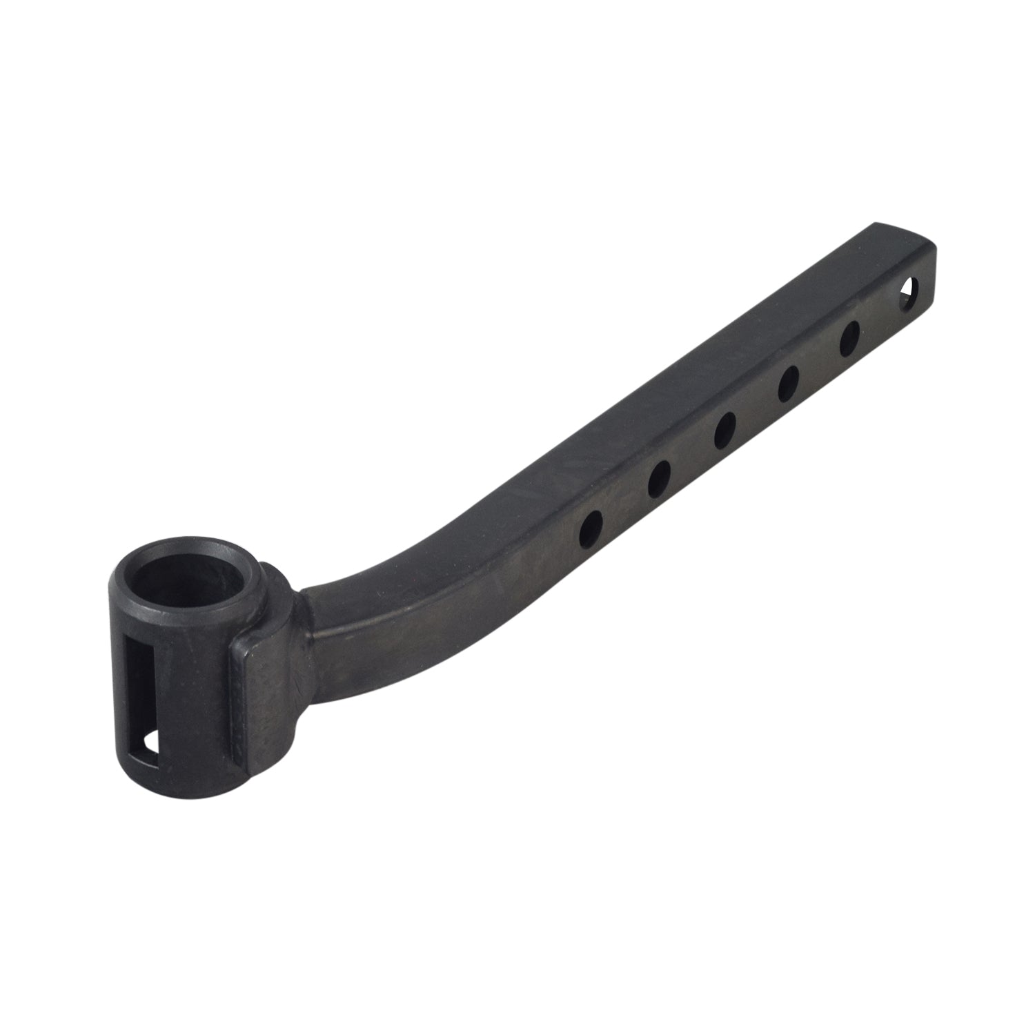 Left Swing Away Legrest Hanger for Quantum Q6 Edge, a black metal component with multiple holes, essential for securing and adjusting leg support on scooters or power chairs.