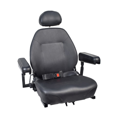 18x18 High Back Black Vinyl Limited Recline Seat Assembly for the Jazzy 1100, featuring armrests and a seat belt with a red square, designed to enhance your scooter or power chair.