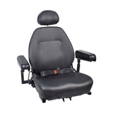 18x18 High Back Black Vinyl Limited Recline Seat Assembly for the Jazzy 1100, featuring armrests and a seat belt with a red square detail.