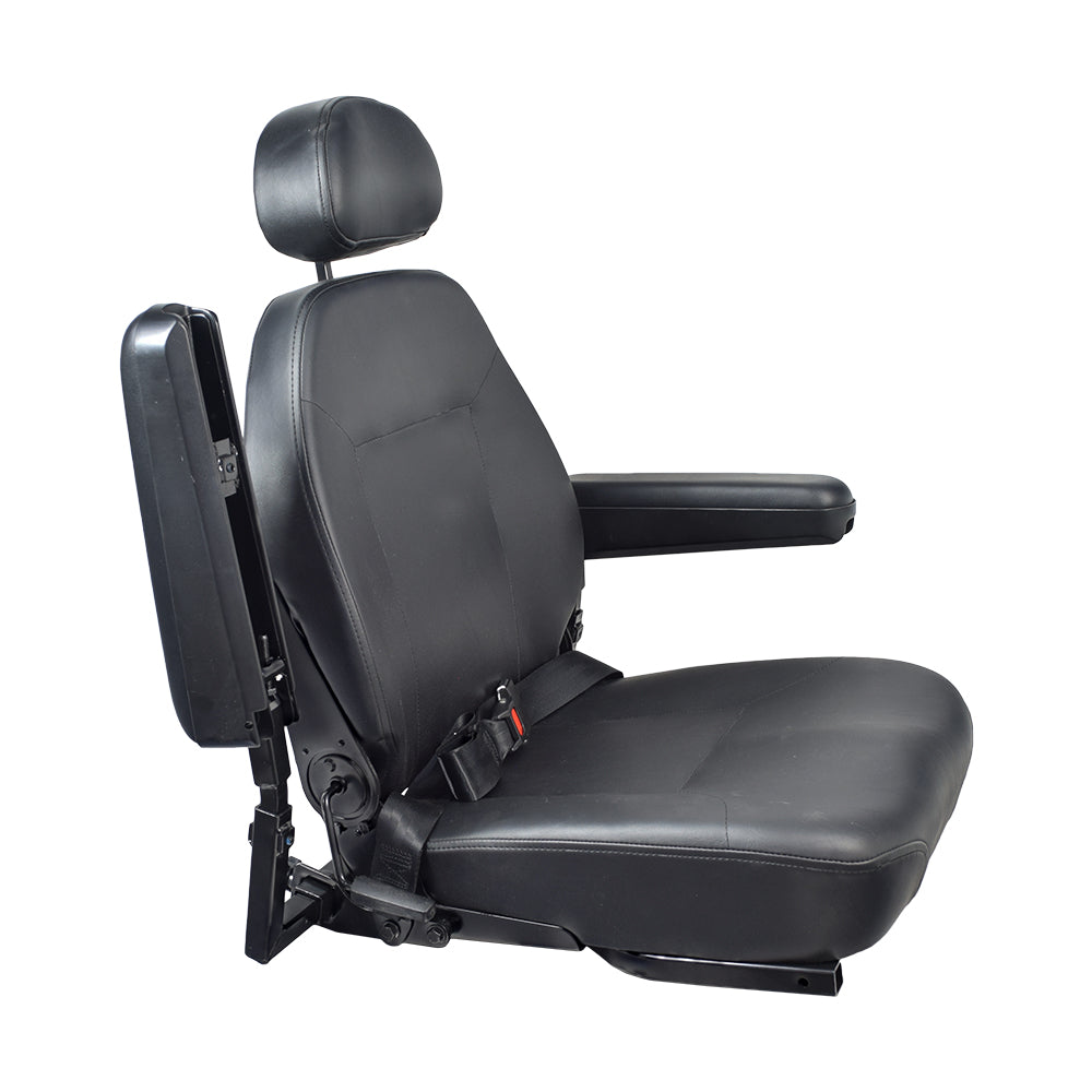 18x18 High Back Black Vinyl Limited Recline Seat Assembly for the Jazzy 1100, featuring a headrest, armrest, and seat belt, designed for scooters or power chairs.