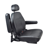 18x18 High Back Black Vinyl Limited Recline Seat Assembly for the Jazzy 1100, featuring a headrest, armrest, and seat belt, designed for scooters or power chairs.