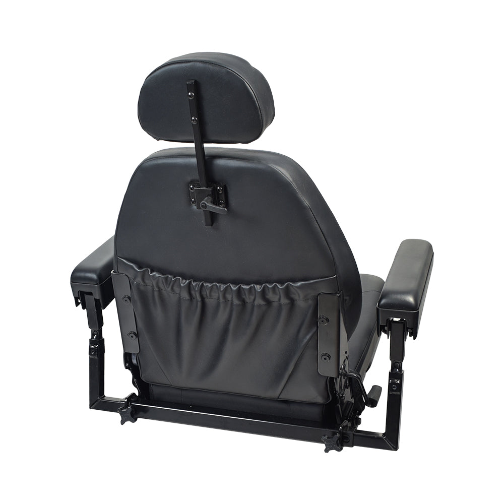 18x18 High Back Black Vinyl Limited Recline Seat Assembly for the Jazzy 1100, featuring a black seat with armrests and headrest, designed for scooter or power chair compatibility.